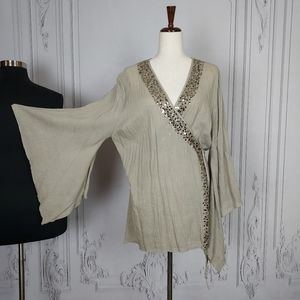 Ashley Stewart 100% Cotton Wrap Kimono Sleeve Tunic Blouse Sequined Sz 12 Beige
